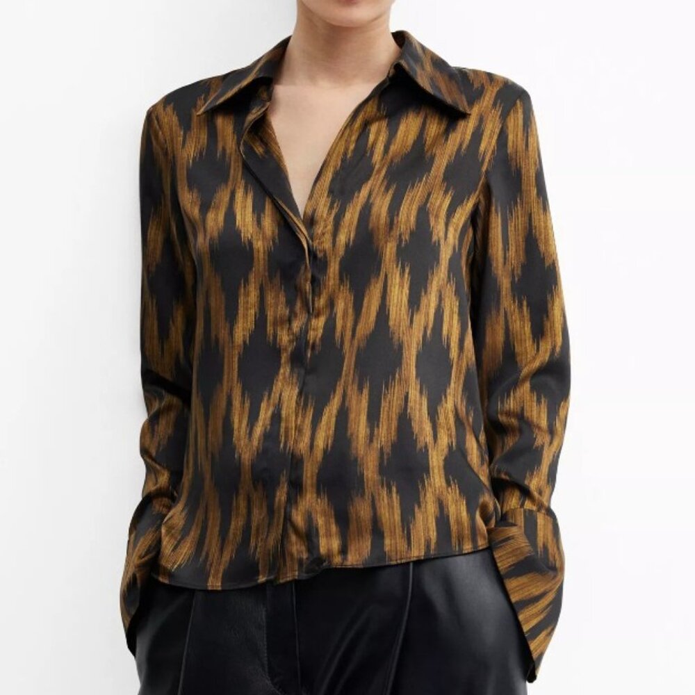 Mango Black and Gold Ikat Print Button-Down Shirt